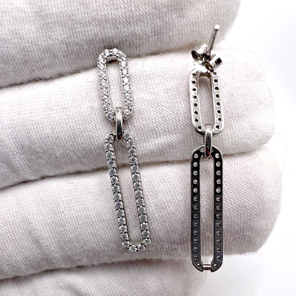 .925 Sterling Silver Rhodium Plated Dangling CZ Paperclip Earrings - Picture 5 of 17